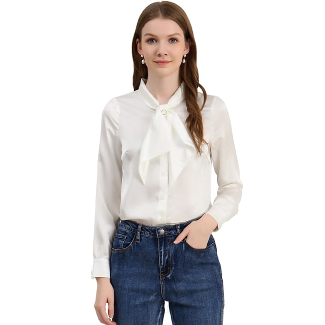 INSPIRE CHIC Camisas Abotonadas Para Mujer Blusa De Satén Con Cuello Anudado Tops Casuales De Negocios Blanco M
