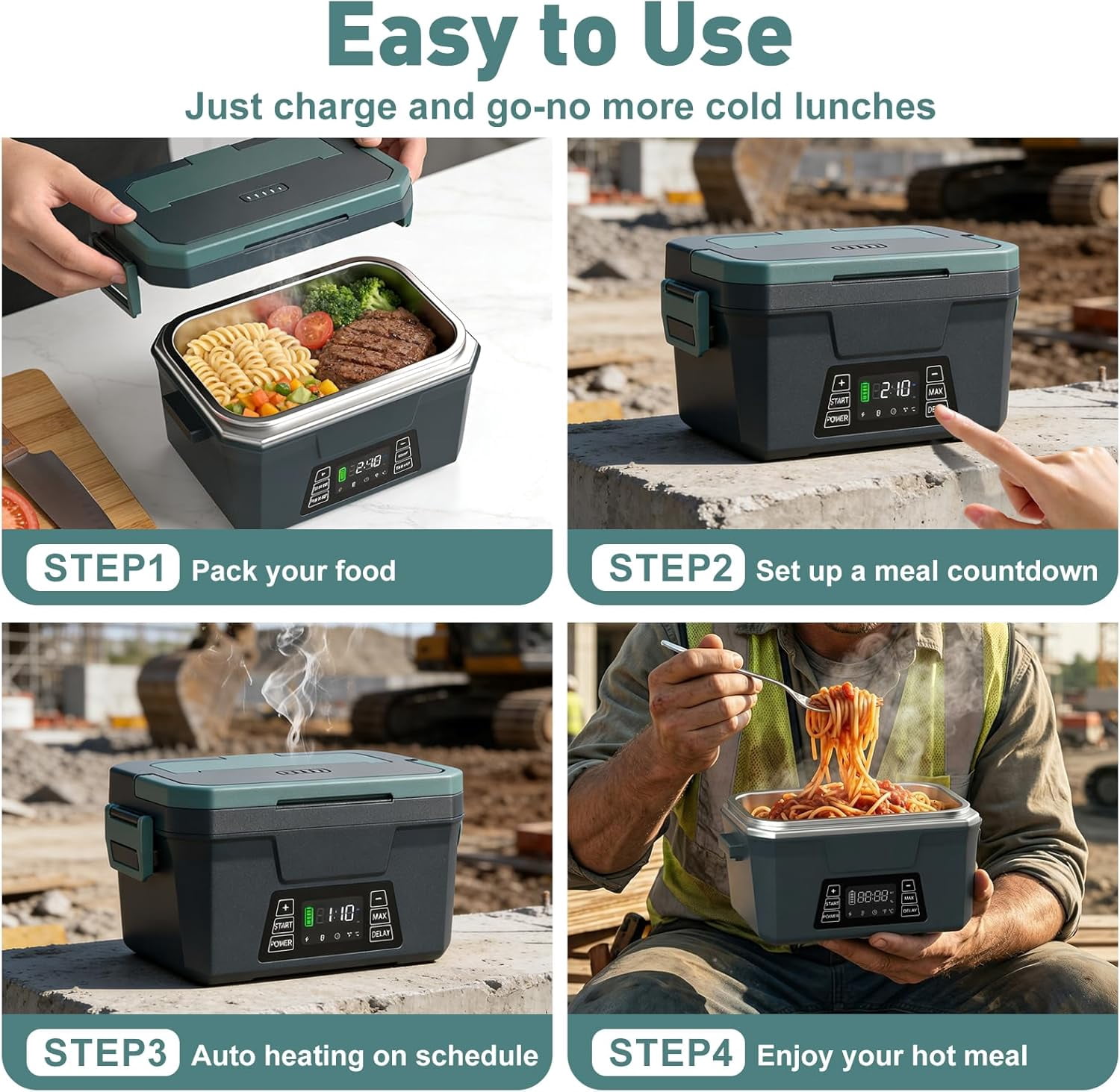 Cordless Electric Lunch Box for Adults, APP Control Heated Lunch Box for Men, 18000mAh Battery Powered Portable Food Warmer/ Timer, Auto Heating 5-side Rechargeable 248°F for Women/Work/Outdoor/Gift