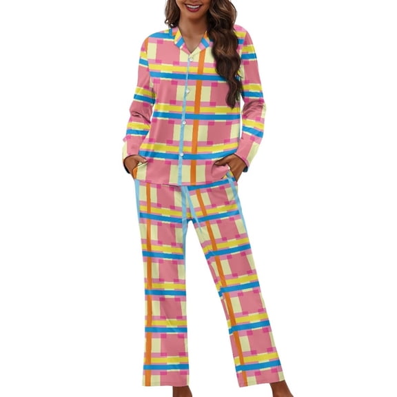Garronmavis Pink Yellow Lattice Pattern Womens 2 Pack Pajama Set Long Sleeve Pajamas Top and Pants V Neck Sleep Set Two Piece Fall Loungewear