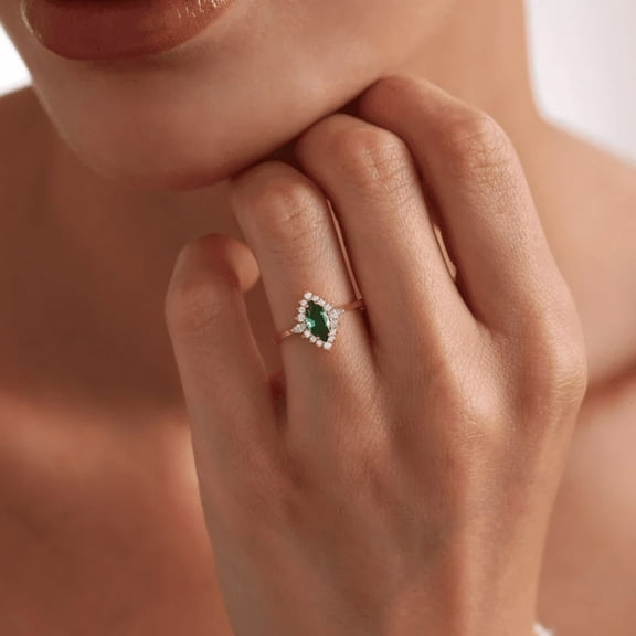 Emerald Marquise Cut Halo Ring IN 14K Yellow Gold Vermeil- Art Deco Emerald Ring- May Birthstone-