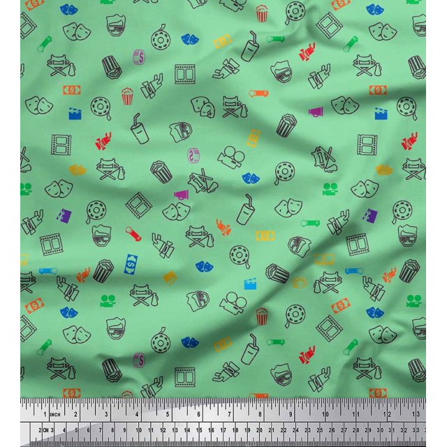 Soimoi Green Poly Georgette Fabric Coke,Film Reel & Mask Modern Style Decor Fabric Printed Yard 42 Inch Wide