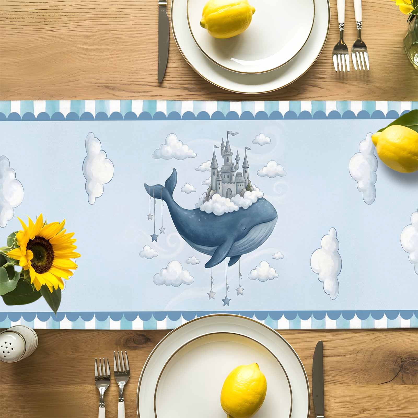 Burlap Table Runner 70 Inches Long,Ocean Whale Castle Cloud Sky Non-Slip Kitchen Table Runners for Dining Room Everyday Use Party Table Decorations Blue Theme Stripe