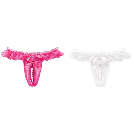 2-Pack Womens Lace Thong Massage Pearl Transparent Panties Sheer Panties Lingerie Underwear with Pads for Women Open Panties Silk Thongs for Women Matching Underwear Womens Briefs Lace