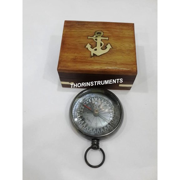 Handmade Antique Bronze Locket Compass Brown Wooden Box Gift Decor