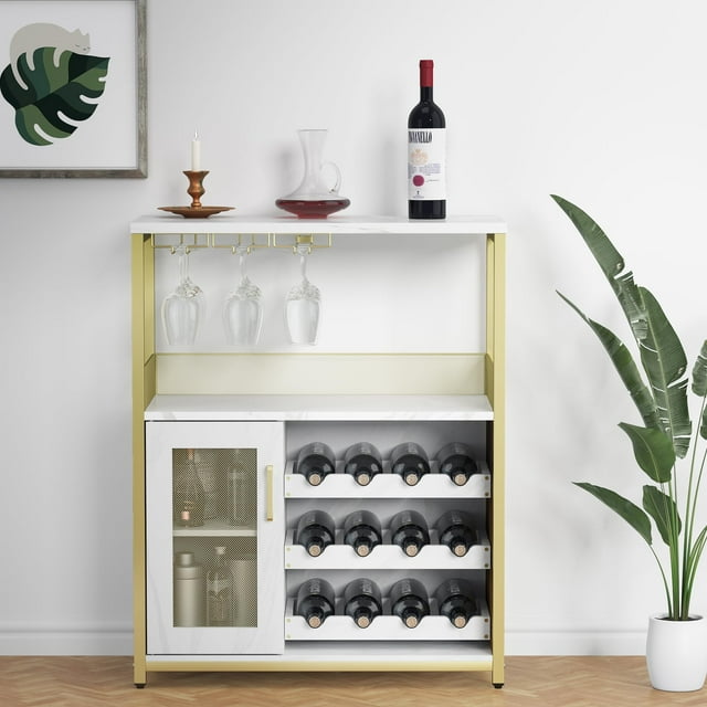 Wine Bar Cabinet with Detachable Wine Rack, Small Sideboard and Buffet Cabinet with Mesh Door