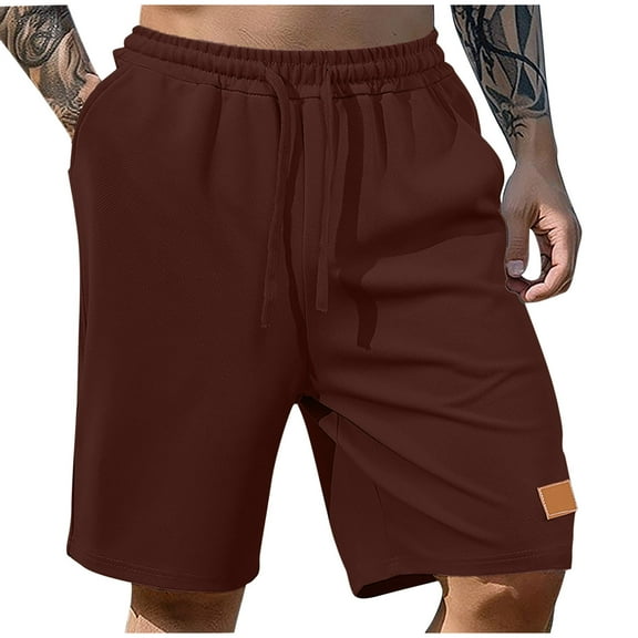 YUGYXL Trendy Waffle Shorts for Men 2025 Summer Solid Color Bermuda Shorts Elastic Waist Drawstring Breathable Straight Shorts Wine M