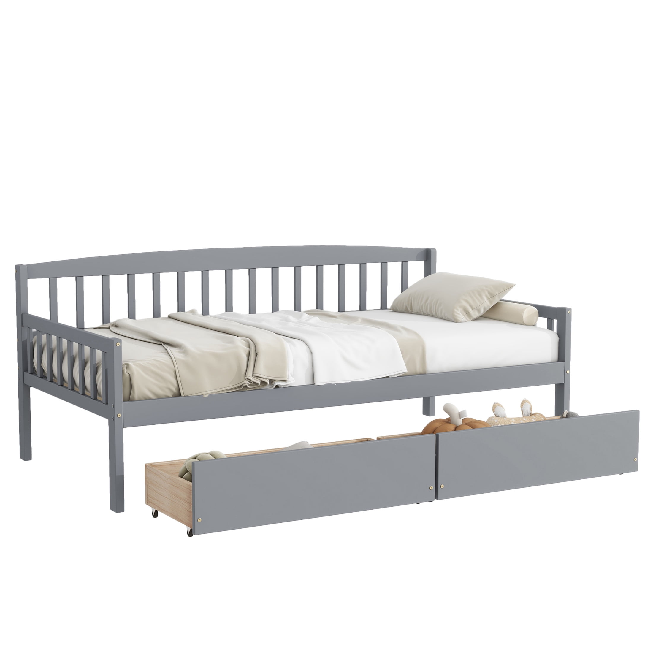 Noble House Kim Twin-size Daybed with Two Storage Drawers, Pine Wood Frame Sofa Bed with Bed Platform, Grey