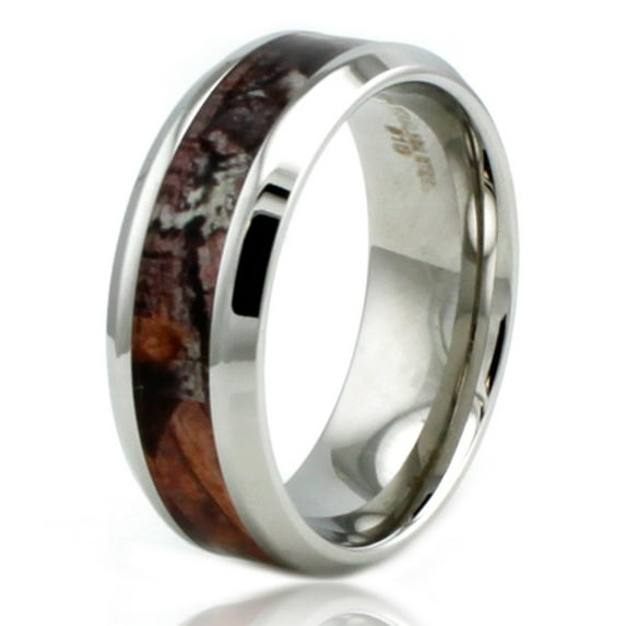 8 MM Stainless Steel Wood Camouflage Beveled Edge Wedding Band Ring