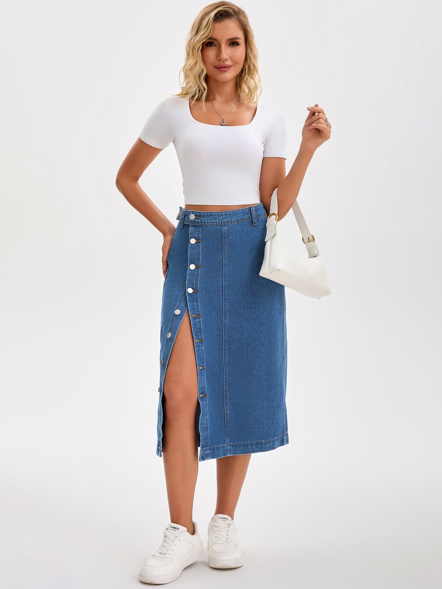DARING DIVA Women's Denim Midi Skirt Button Up Slit Jean Skirts XX-Large Blue