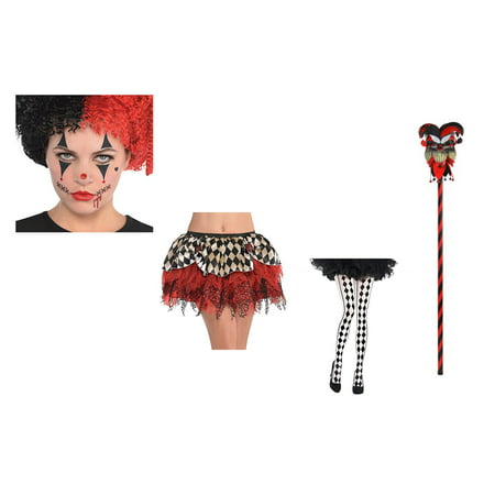 Amscan Harlequin Costume Bundle Lace Clown Tutu, Face Jewelry Kit, DIamond Print Tights and Krazed Jester