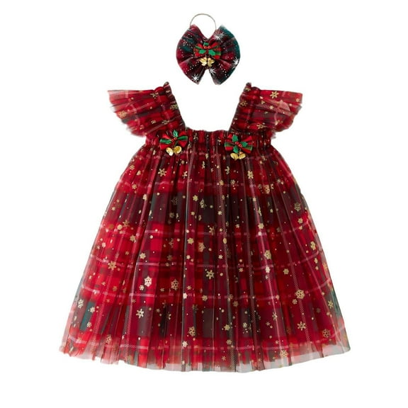 Girls' Christmas Party Dress Snowflake Tulle Tutu Dress Flower Girl Flutter Sleeveless Crew Neck Festive Dresses 6M-8Y