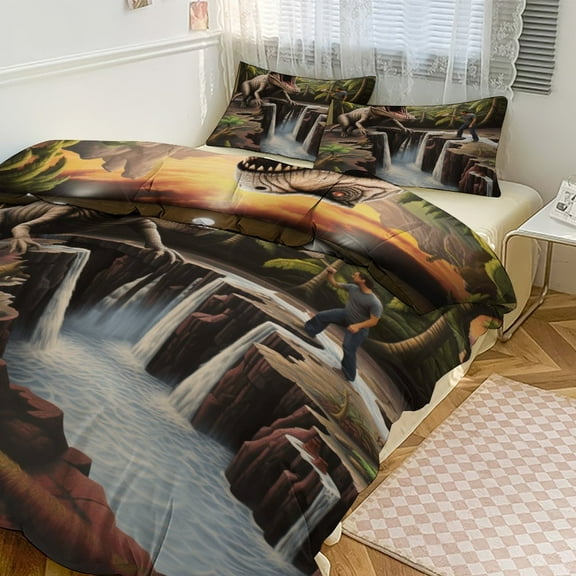 3D Visual Illusion Dinosaur Duvet Cover Set Themed Multicolor Polyester Bedding Set for Bedroom Decoration