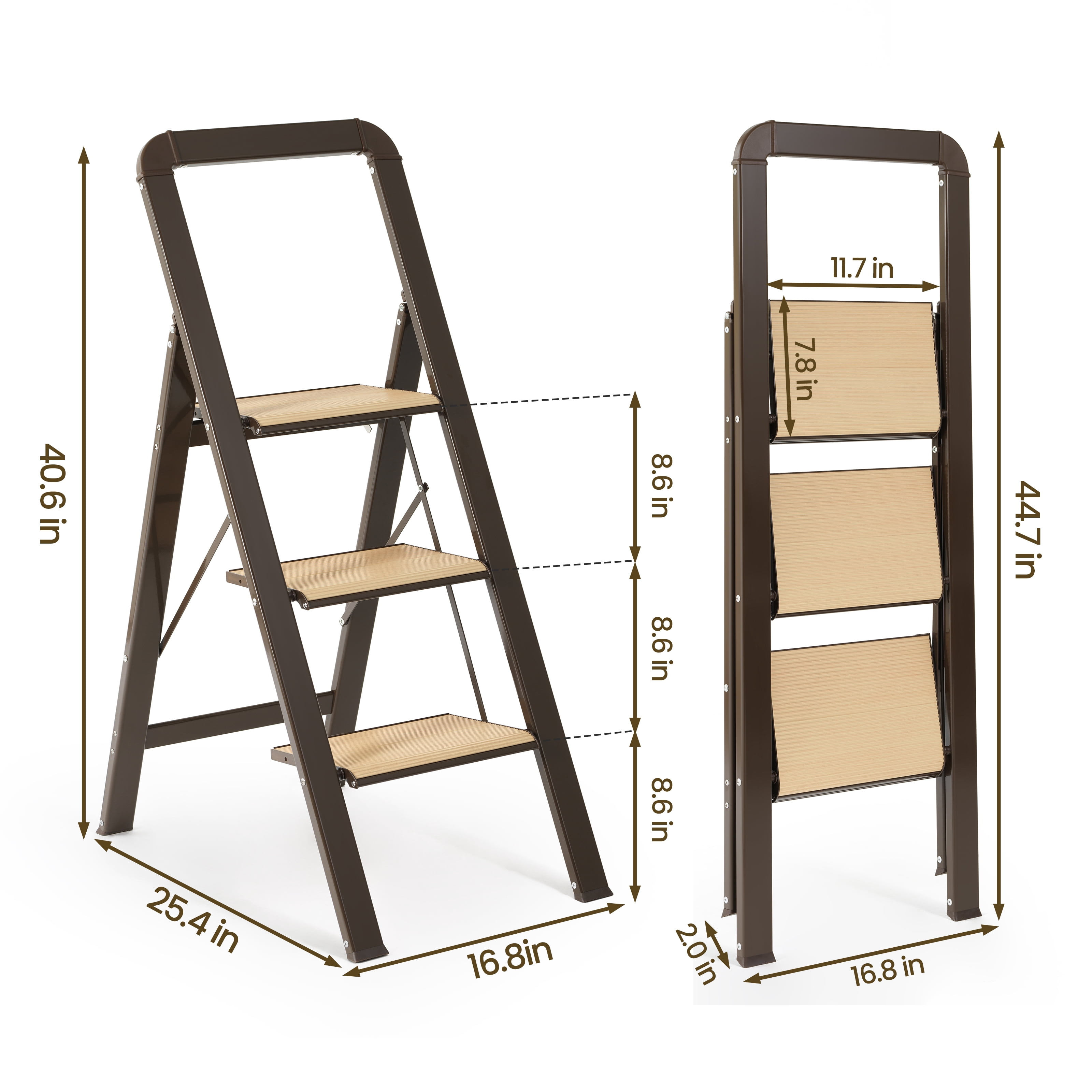 3 Step Folding Ladder 450 lbs Capacity Aluminum Alloy with Handrails Non-Slip for Home Kitchen Garage