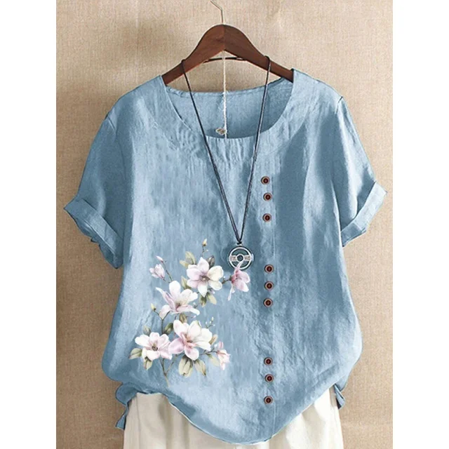 Camiseta de lino y algodón para mujer, Top elegante y cómodo con una hilera de botones, decoración de empalme, camisetas informales con estampado de flores para mujer 2024