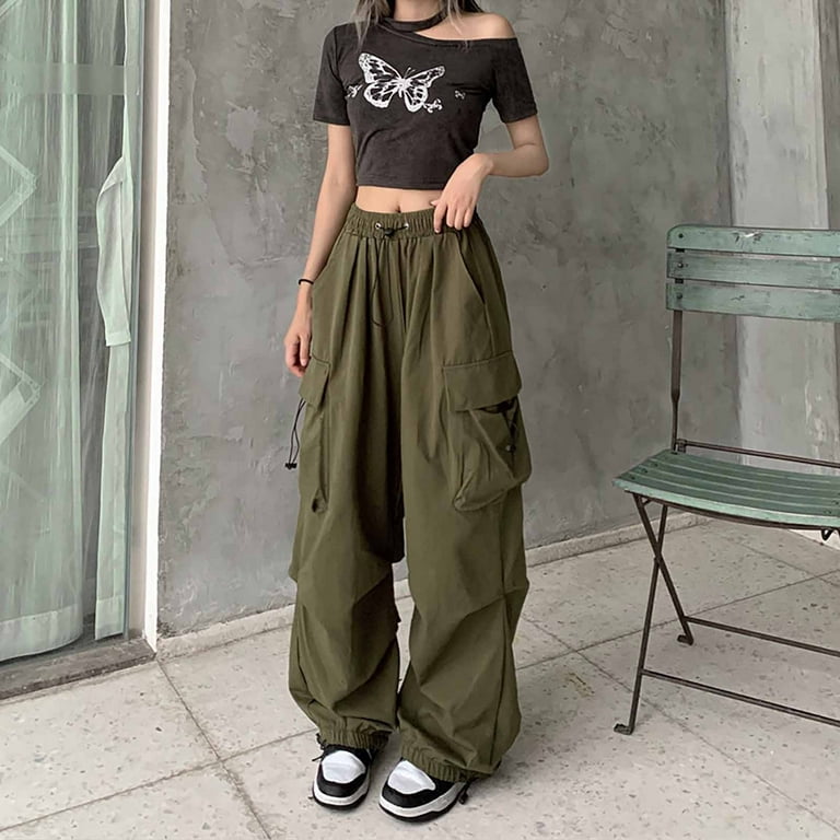 TQWQT Womens Parachute Pants Drawstring Elastic Low Waist Y2k Parachute  Pants Cargo Pants Women Baggy with Pockets,Army Green S