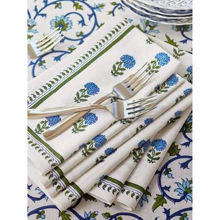 

Omsix Moonlit Taj Dinner Napkins | Set of 6 | Premium Grade 100% Cotton | Hand Printed | White Green Floral Damask Jacobean Cloth Napkins