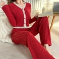 thumbnail image 6 of VISALY Two Piece Pajama Set Button Down Pajamas Ribbed Pajama Sets V Neck Long Sleeve Sleepwear Wide Leg Pants Soft Loungewear Matching Set Comfy Outfits Red L, 6 of 8