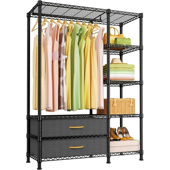 F3 Heavy Duty Clothes Rack（With Fabric Drawers）Freestanding Clothing Racks for Hanging Clothes，Adjustable Closet Organizer System，Portable Garment Rack 40" W x 15" D x 72" H，Max Load 700LBS，Black
