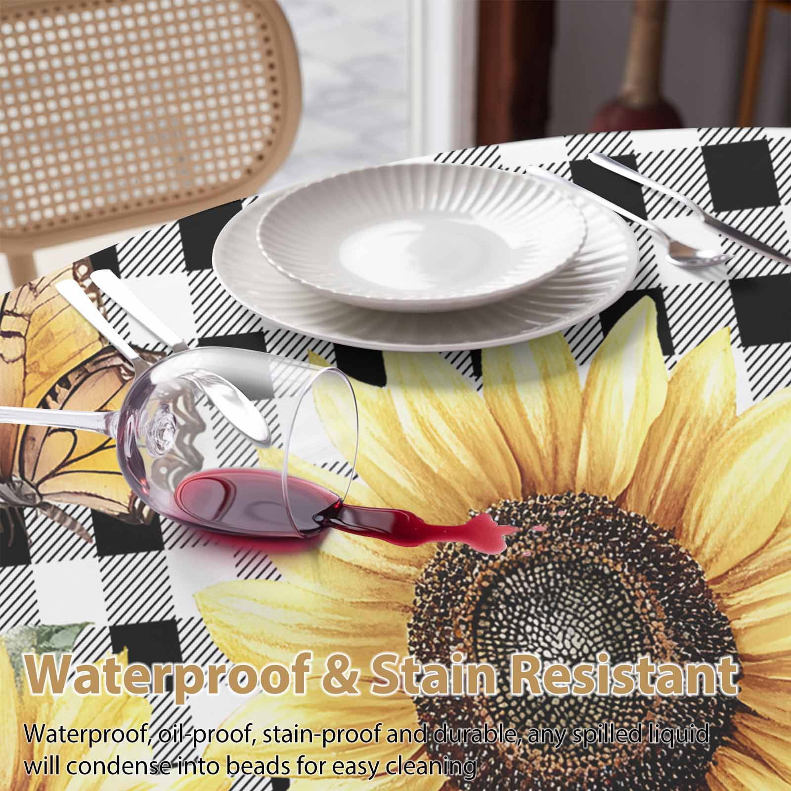 Round Tablecloth Vintage Floral Sunflower Waterproof Oil Proof Polyester Table Cloth Cover Decor for Home Dining Outdoor,Patio,Parties, 54" Dia. Black White Farmhouse Buffalo Plaid