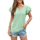 thumbnail image 1 of Camiseta de mujer Mangas cortas con volantes Doble capa Cuello en V Agujeros huecos Top informal de verano Verde menta XXL, 1 of 7