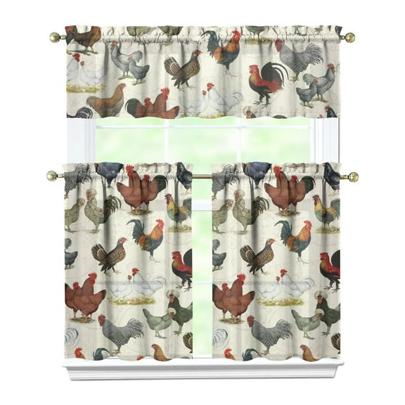 Farm Fresh Chicken Print Kitchen Curtains 3-Piece Set - Hen & Egg Retro Art, Semi-Sheer Caf Curtains with Valance