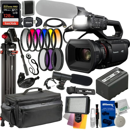 Panasonic HC-X2000 UHD 4K 3G-SDI/HDMI Pro Camcorder with Advanced Video Bundle: SanDisk Extreme Pro 128GB SDXC, Condenser Microphone, Deluxe 72” Video Tripod, Additional Battery & Much More