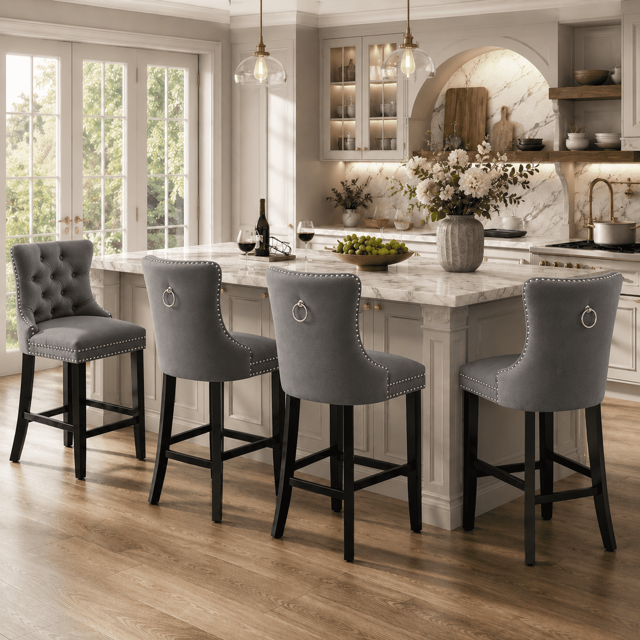 Bar Stools Set of 2, LEGAHOME Velvet Counter Height Bar Stools with Back, Button Tufted Upholstered Kitchen Island Chairs with Nailhead Trim, Solid Wood Legs, Footrest, Gray