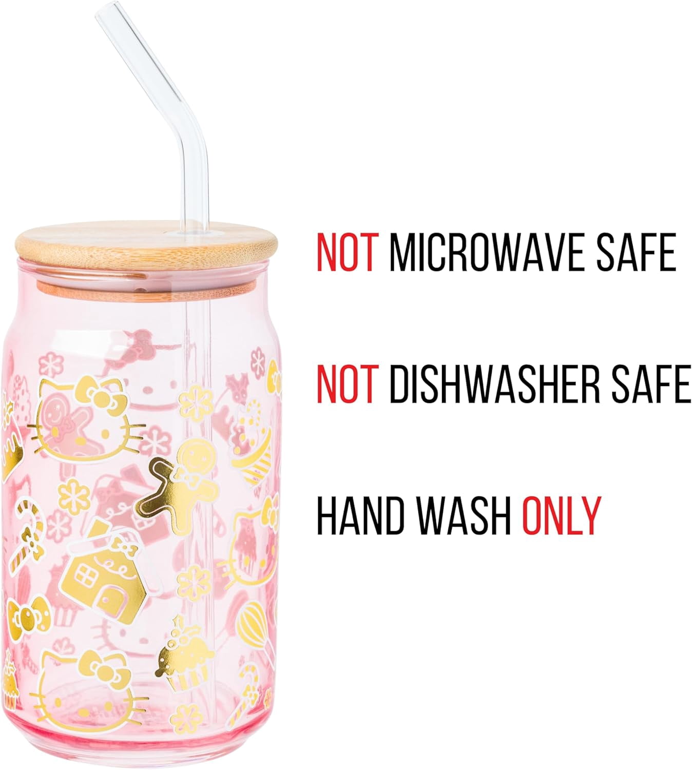 Silver Buffalo Sanrio Hello Kitty Gingerbread Cookies Christmas Holiday Pink and Gold Foil Glass Jar Tumbler with Bamboo Lid and Glass Straw, 16 Ounces