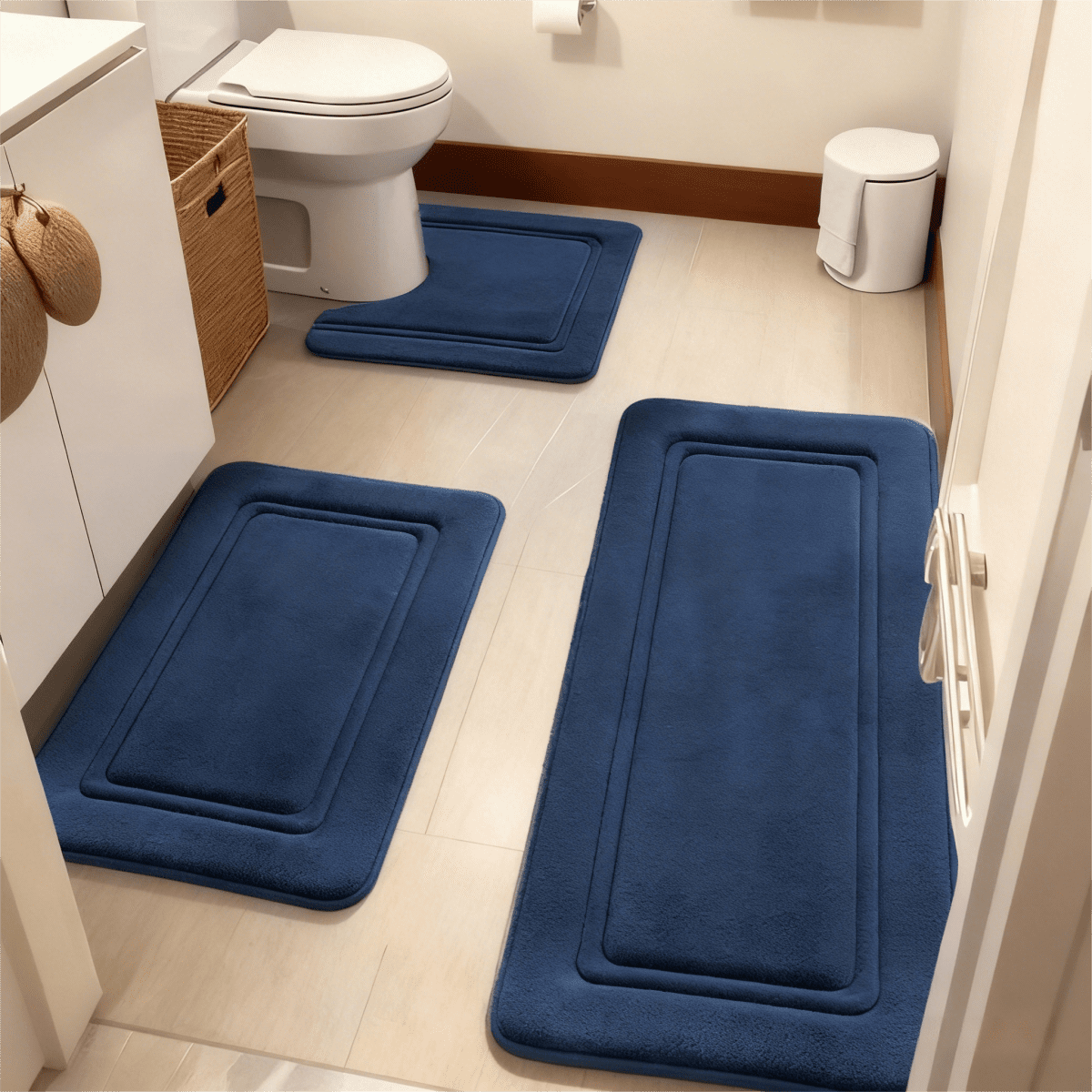 NTYNTY Super Absorbent Non-slip Bathroom Mat Set of 3,Super Soft and Comfortable Advanced Bath Blanket,Home Decoration Mat,Navy Blue.