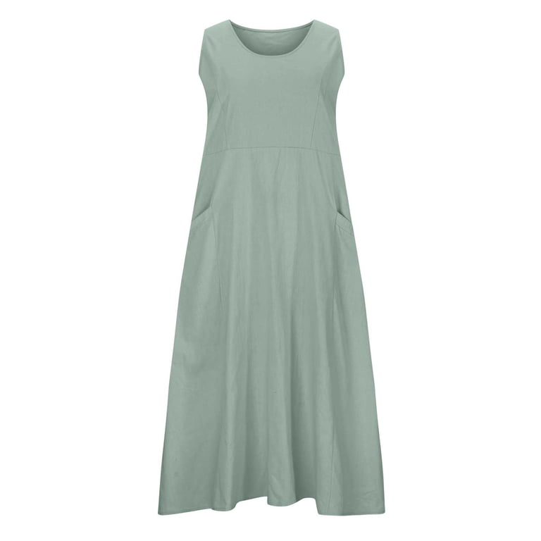 VSSSJ Summer Dresses for Women Plus Size Loose Pure Color Cotton Linen Dress  Round Neck Tank Long Dress with Pockets Casual Sleeveless Maxi Dress -  Walmart.com