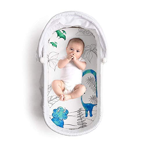 JumpOff Jo – Fitted Bassinet Sheet – 16” x 32” Flexible Fit Bassinet Sheet for Oval, Rectangle, and Hourglass Standard Sized Mattresses – Tiny Dino