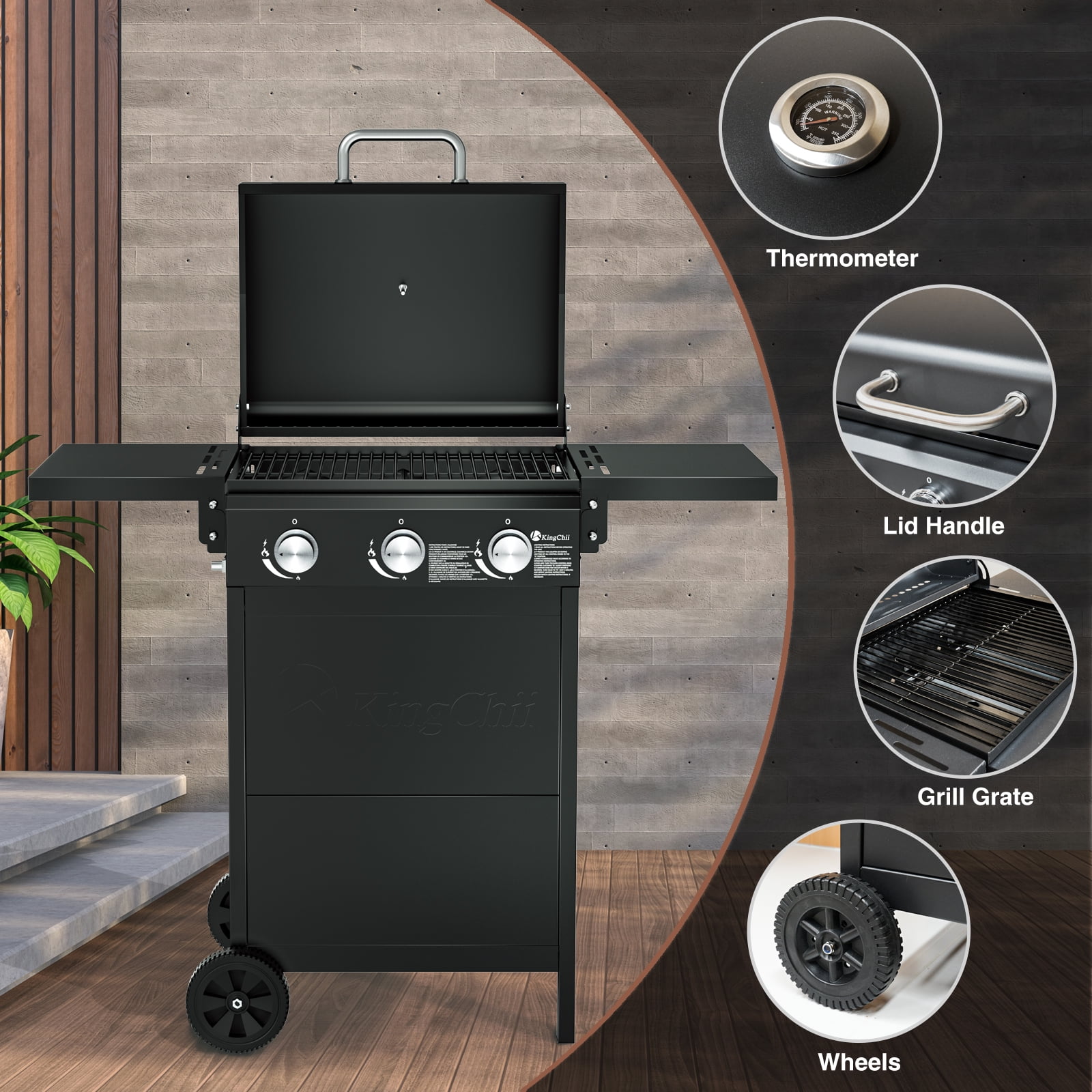 Kingchii 3-Burner Propane Grill, 28,500 BTU BTUs Gas Grill with Foldable Side Tables, Built-in Thermometer for Outdoor Grilling, BBQs and Camping