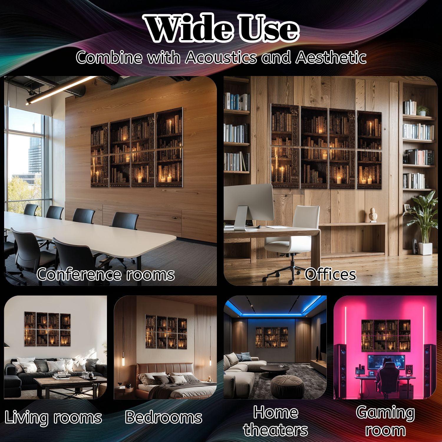 8 Pack Art Acoustic Panels Sound Absorbing Symmetrical Library Warm Glow Wood Decorative Soundproof Wall Panels Self Adhesive for Nursery Game Room Bedroom 48"x32"
