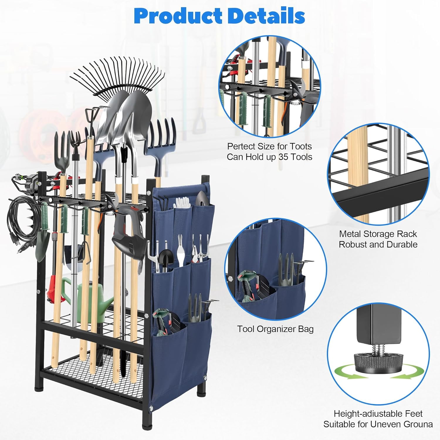 Freestanding Garden Tool Rack, 3-Tier Heavy Duty Organizer with Hooks and Pockets for Shovels, Rakes, Brooms – Outdoor Yard Storage Solution