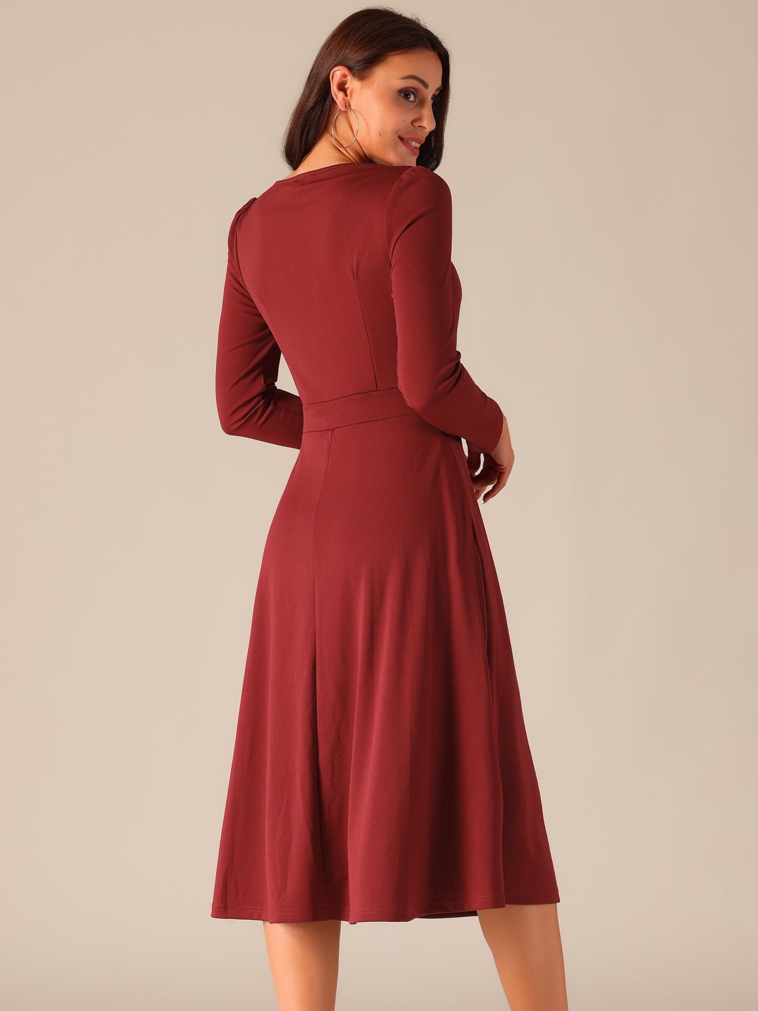 DARING DIVA Midi Faux Wrap Puff Sleeve Dress M Wine Red