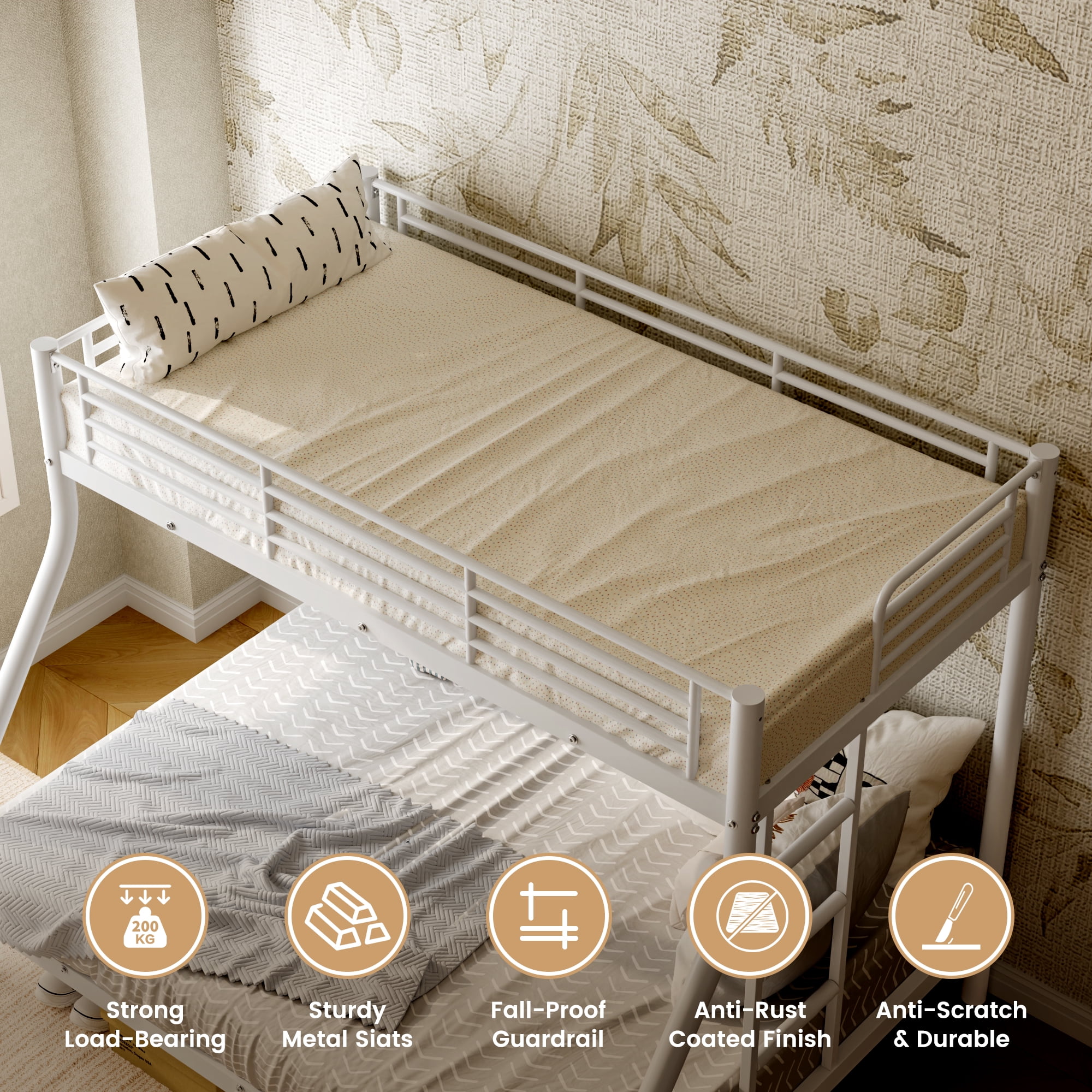 White Twin Over Full Metal Bunk Bed Frame with Safety Guardrail & Ladder, Sturdy Steel Bed, Noise-Free, No Box Spring Needed for Bedroom Dorm