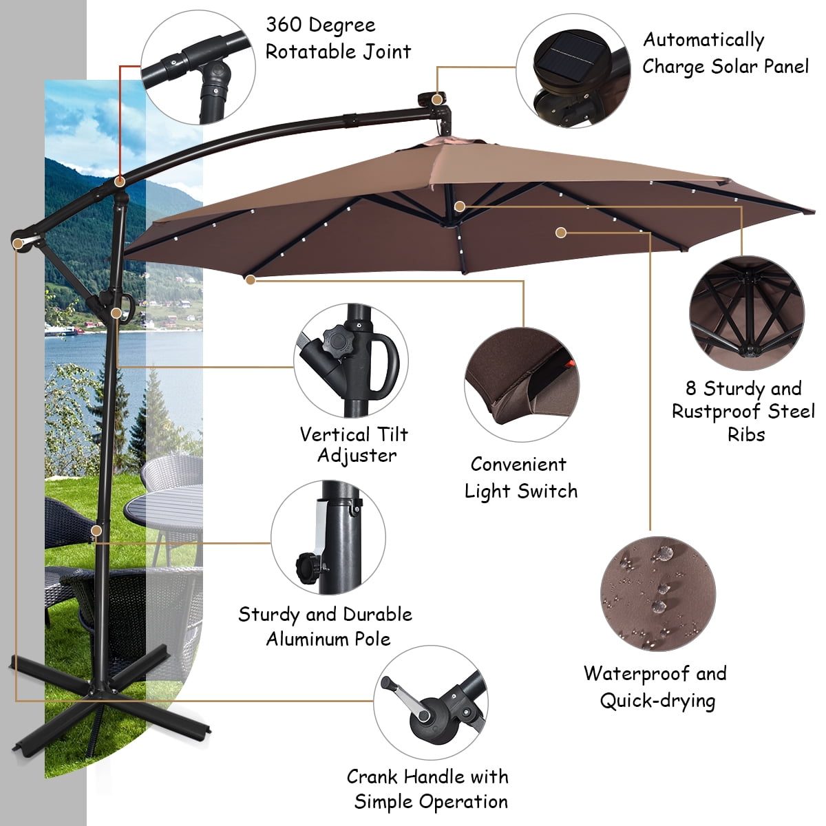 Costway 90" Brown Cantilever Patio Umbrellas, LED Lights