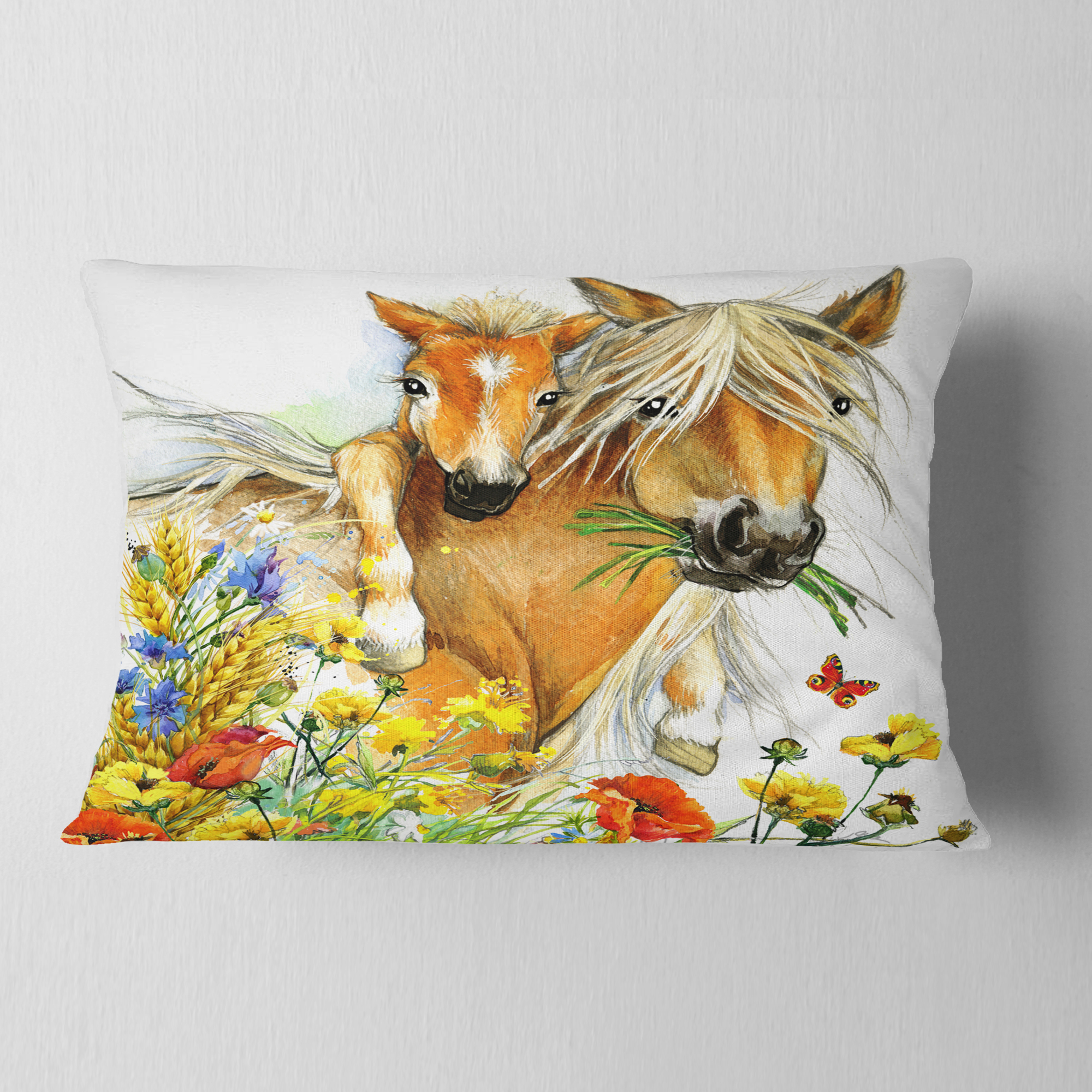 Designart Horse and Foal with Flowers - Animal Throw Pillow - 12x20