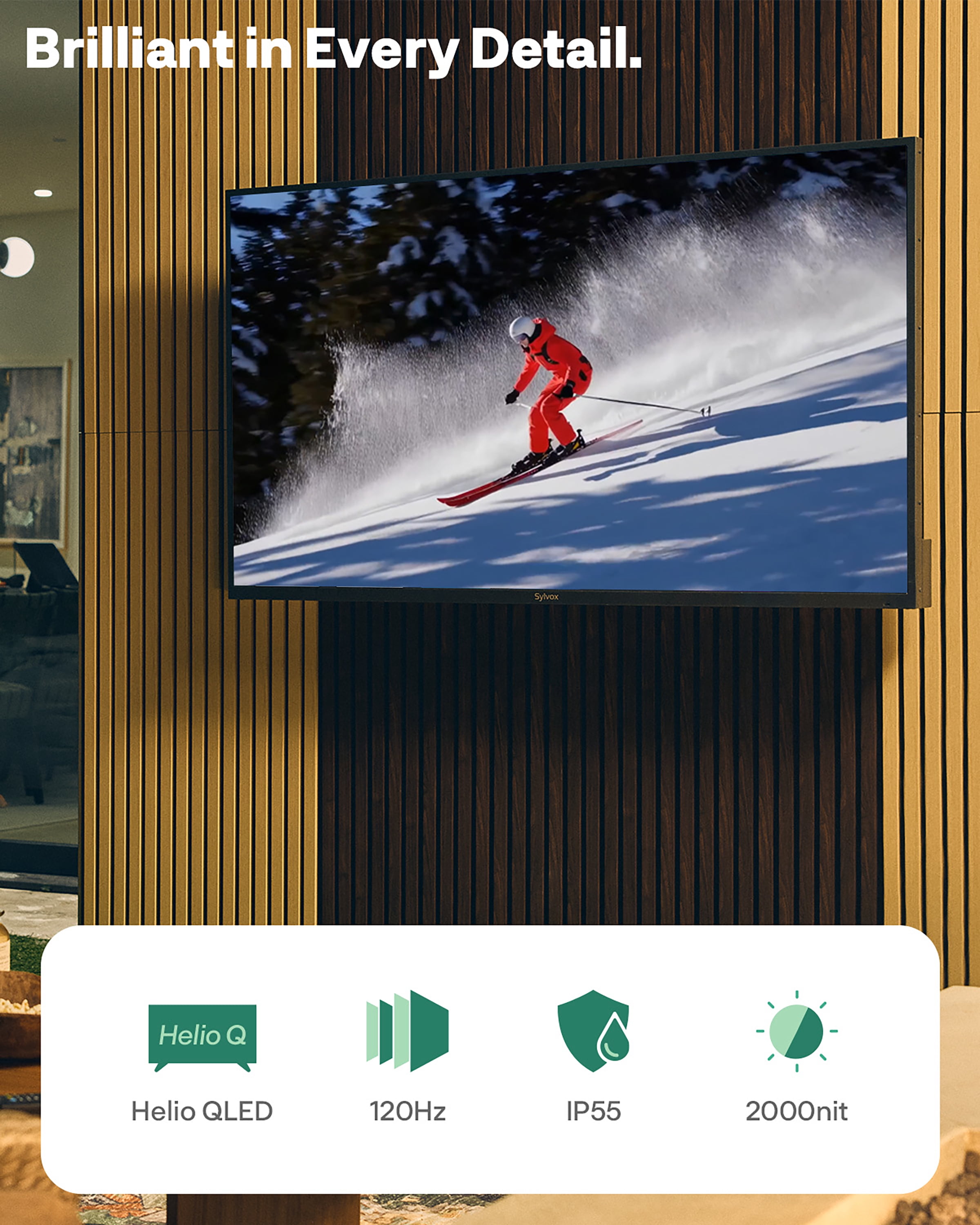 SYLVOX 75 inch Outdoor Smart Google TV, 4K QLED Mini LED, 120Hz Television, 2000 Nits Full Sun, IP55 Waterproof, Dolby Atmos, (Cinema)