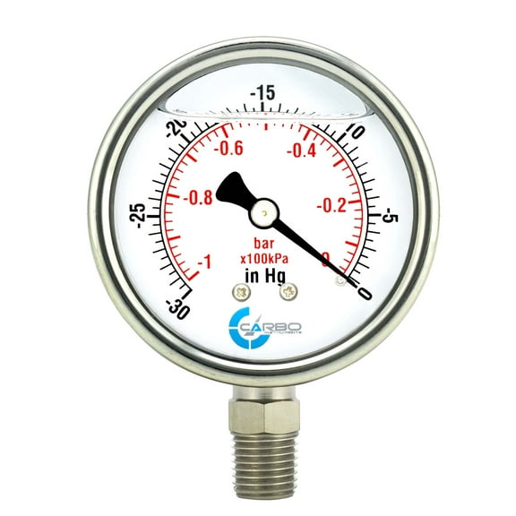 CARBO Instruments 1-1/2" Pressure Gauge, Stainless Steel Case, Chrome Plated Brass Connection, Lqiuid Filled, Vacuum -30 Hg/0, Lower Mount 1/8" NPT