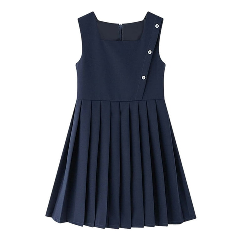 School Uniform Dress Cute Pleated Knee Length Sleeveless Navy