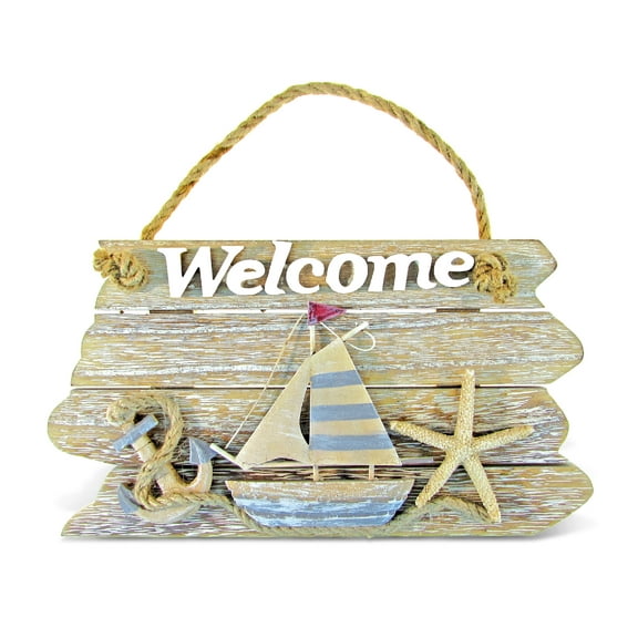 CoTa Global Vintage Welcome Nautical Decor Sign - Nautical Themed Wood Sign, Beach Decor for Wall, Novelty Vintage Starfish, Sailboat and Anchor Hanging Wooden Figure