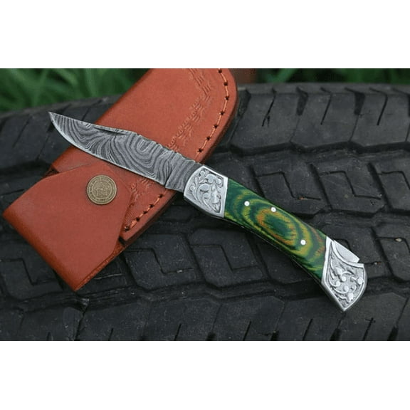 Back Lock Folding Knife Handmade Damascus Steel With Green Pakka Wood Engraved Steel Handle
