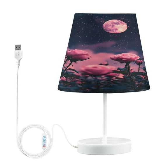 BZSMCE Table Lamp Creative Pink Roses and Full Moon Simple Pattern Night Light