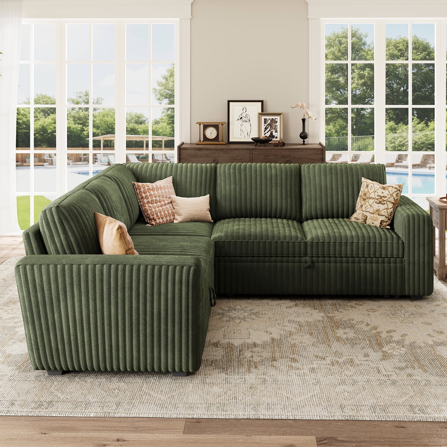 Marrber 84” Convertible Sectional Sleeper Sofa with Pull-Out Sofa Bed, L-Shaped Corner Sofa with Reversible Chaise and Hidden Storage, Pet-friendly Plush Corduroy for Living Room, Green
