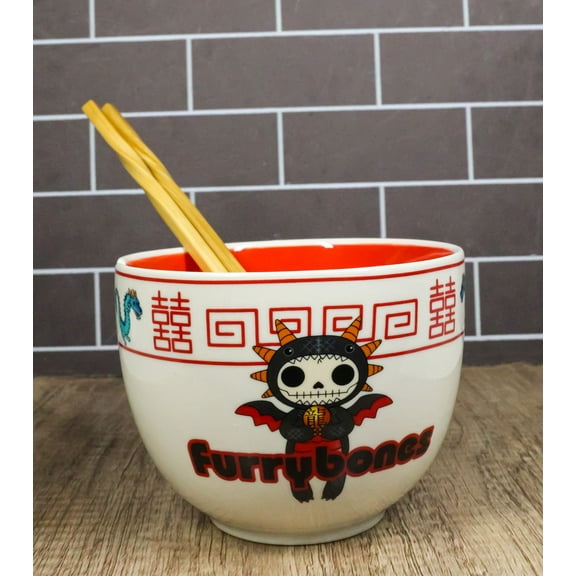 Furrybones Scorchie Dragon Skeleton White Porcelain Bowl With Chopsticks Set