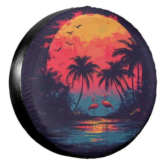KAKALAD Colorful Flamingo Palm Trees At Sunset Summer Spare Tire Cover Wheel Protectors Weatherproof Universal Vehicle Dust-Proof for Trailer Rv SUV Truck Camper Travel Trailer Accessories 14 ” Inch