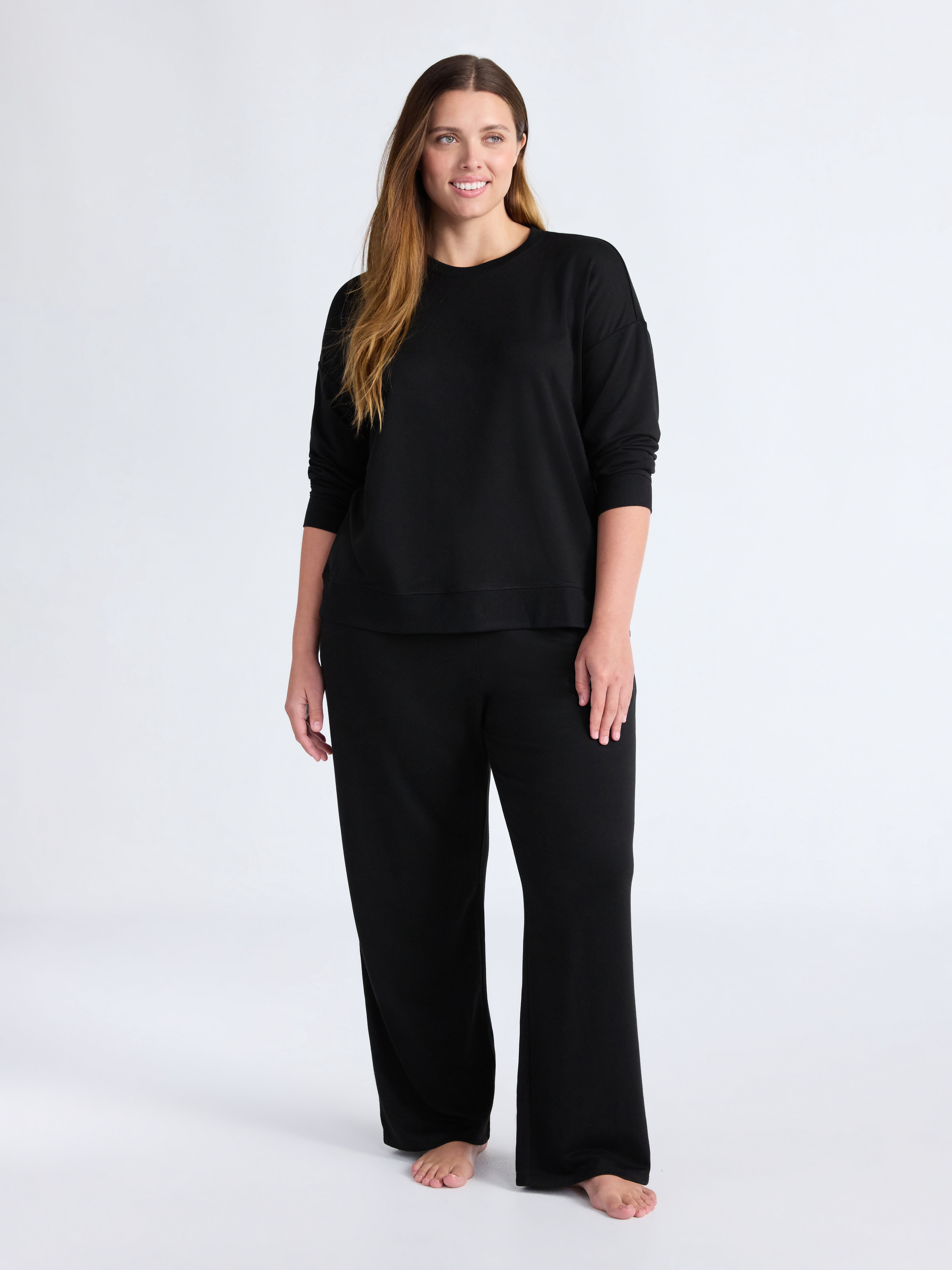 Joyspun Women's Fleece Long Sleeve Top and Straight Leg Pants Lounge Set, 2-Piece, Sizes XS-3X