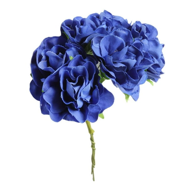 6 Cabezas Abiertas Rose Bouquet Premium de Flores Artificiales de Decoraciones azul zafiro