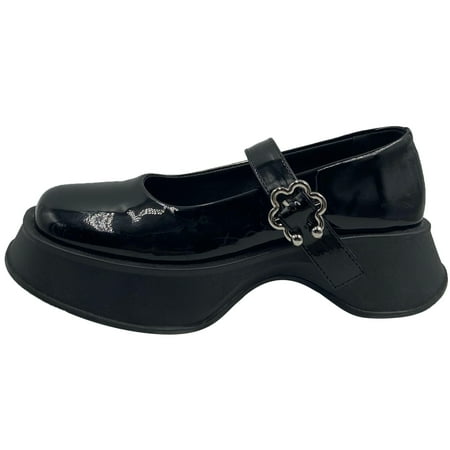 

Flower Decor Platform Mary Jane Shoes Solid Color Buckle Strap Square Toe Shoes Patent Leather Shoes